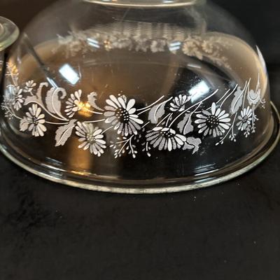 LOT 306: Pyrex Clear & White Colonial Mist Nesting Bowl Set (4), Vintage Georgian Nutmeg Brown Viking Thumbprint Tumblers (10),...