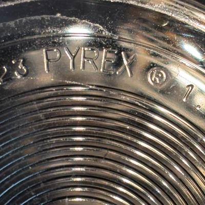 LOT 306: Pyrex Clear & White Colonial Mist Nesting Bowl Set (4), Vintage Georgian Nutmeg Brown Viking Thumbprint Tumblers (10),...