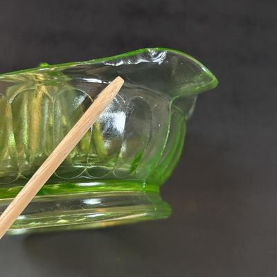 LOT 307: Vintage Uranium Glass Cake Platter w/Gold Trim along with a Uranium Glass Juicer