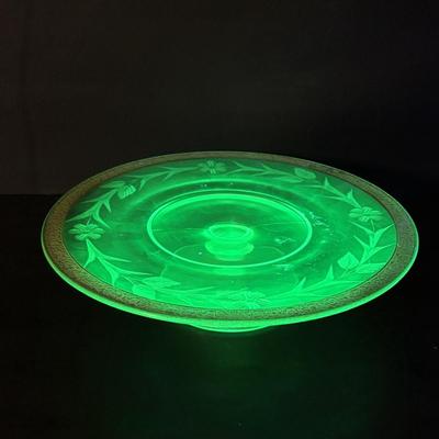 LOT 307: Vintage Uranium Glass Cake Platter w/Gold Trim along with a Uranium Glass Juicer
