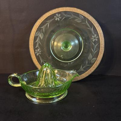 LOT 307: Vintage Uranium Glass Cake Platter w/Gold Trim along with a Uranium Glass Juicer