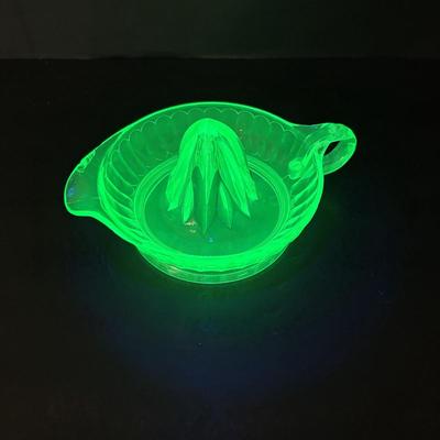 LOT 307: Vintage Uranium Glass Cake Platter w/Gold Trim along with a Uranium Glass Juicer