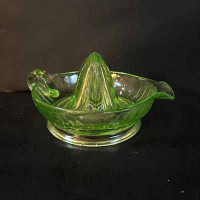 LOT 307: Vintage Uranium Glass Cake Platter w/Gold Trim along with a Uranium Glass Juicer