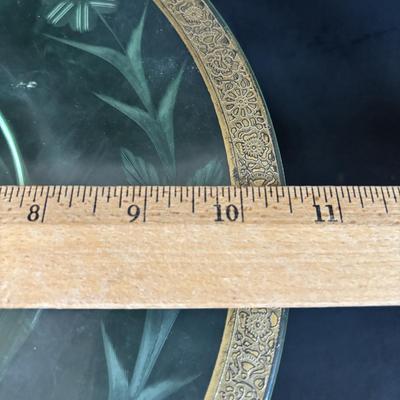 LOT 307: Vintage Uranium Glass Cake Platter w/Gold Trim along with a Uranium Glass Juicer