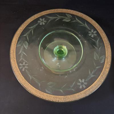 LOT 307: Vintage Uranium Glass Cake Platter w/Gold Trim along with a Uranium Glass Juicer