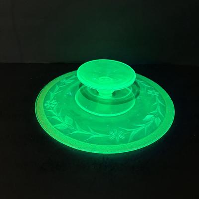 LOT 307: Vintage Uranium Glass Cake Platter w/Gold Trim along with a Uranium Glass Juicer