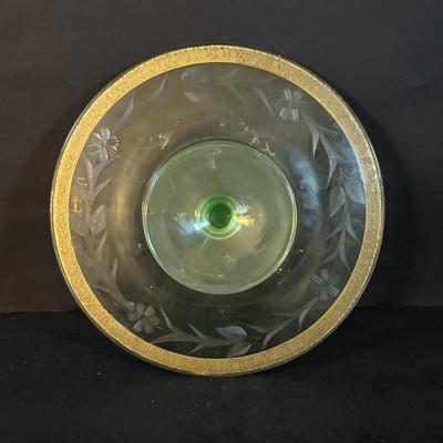 LOT 307: Vintage Uranium Glass Cake Platter w/Gold Trim along with a Uranium Glass Juicer