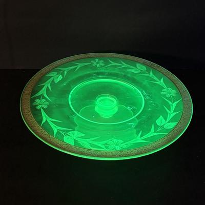 LOT 307: Vintage Uranium Glass Cake Platter w/Gold Trim along with a Uranium Glass Juicer