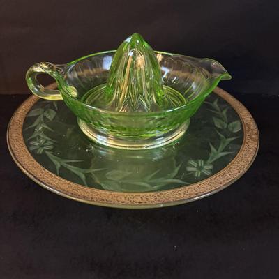LOT 307: Vintage Uranium Glass Cake Platter w/Gold Trim along with a Uranium Glass Juicer