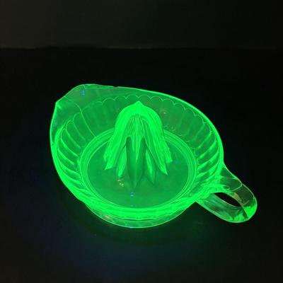 LOT 307: Vintage Uranium Glass Cake Platter w/Gold Trim along with a Uranium Glass Juicer