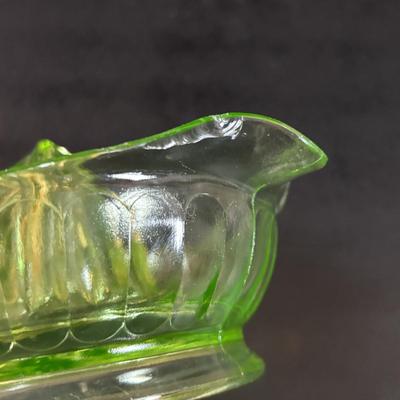 LOT 307: Vintage Uranium Glass Cake Platter w/Gold Trim along with a Uranium Glass Juicer