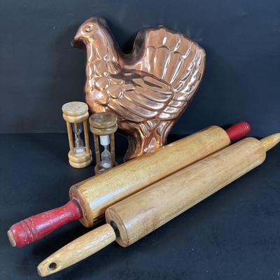 LOT 308: Primitive Wooden Bowls, Acme Egg Scale, Copper Rooster, Vintage Rolling Pins & More