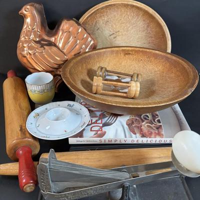 LOT 308: Primitive Wooden Bowls, Acme Egg Scale, Copper Rooster, Vintage Rolling Pins & More