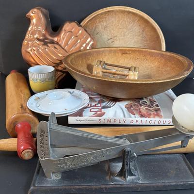 LOT 308: Primitive Wooden Bowls, Acme Egg Scale, Copper Rooster, Vintage Rolling Pins & More
