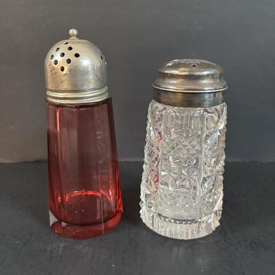 LOT 309: Vintage Biscuit Jars: Floral Glazed Porcelain & Glass, Cranberry Glass Sugar Shaker, Crystal Sugar Shaker, Hammer Aluminum...