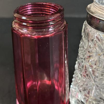 LOT 309: Vintage Biscuit Jars: Floral Glazed Porcelain & Glass, Cranberry Glass Sugar Shaker, Crystal Sugar Shaker, Hammer Aluminum...