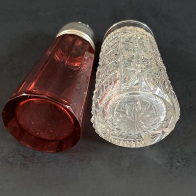 LOT 309: Vintage Biscuit Jars: Floral Glazed Porcelain & Glass, Cranberry Glass Sugar Shaker, Crystal Sugar Shaker, Hammer Aluminum...