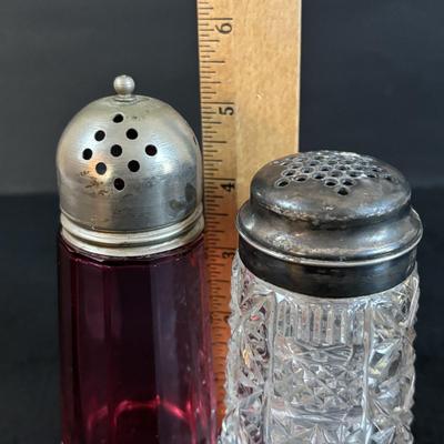 LOT 309: Vintage Biscuit Jars: Floral Glazed Porcelain & Glass, Cranberry Glass Sugar Shaker, Crystal Sugar Shaker, Hammer Aluminum...