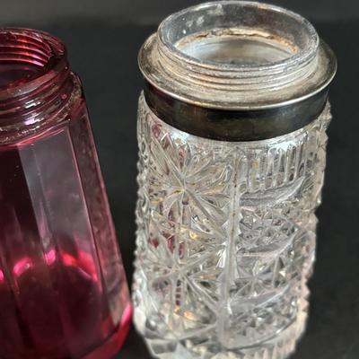 LOT 309: Vintage Biscuit Jars: Floral Glazed Porcelain & Glass, Cranberry Glass Sugar Shaker, Crystal Sugar Shaker, Hammer Aluminum...