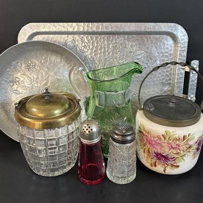LOT 309: Vintage Biscuit Jars: Floral Glazed Porcelain & Glass, Cranberry Glass Sugar Shaker, Crystal Sugar Shaker, Hammer Aluminum...