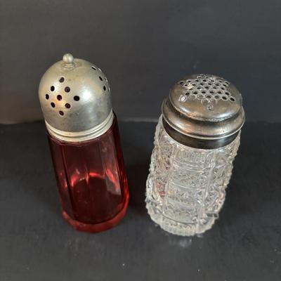 LOT 309: Vintage Biscuit Jars: Floral Glazed Porcelain & Glass, Cranberry Glass Sugar Shaker, Crystal Sugar Shaker, Hammer Aluminum...
