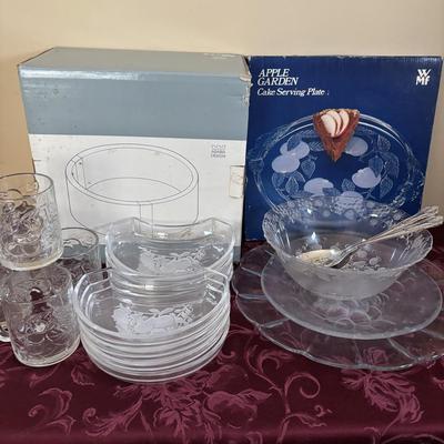 LOT 310: Signed VSL (Val St. Lambert) Crystal Crescent Shaped Fruit Tray/Salad Plates, Signed VSL Platter, Crystal Berry Bowl, FB Rogers...