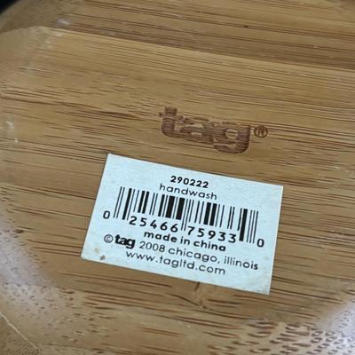 LOT 311: Ceramic Taxi Cookie Jar, Rose Garden Divided Serving Dish, Wooden Nut Bowl w/Nut Crackers & Anchor Hocking Pantry Jar