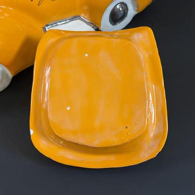 LOT 311: Ceramic Taxi Cookie Jar, Rose Garden Divided Serving Dish, Wooden Nut Bowl w/Nut Crackers & Anchor Hocking Pantry Jar