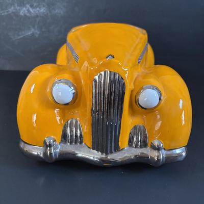 LOT 311: Ceramic Taxi Cookie Jar, Rose Garden Divided Serving Dish, Wooden Nut Bowl w/Nut Crackers & Anchor Hocking Pantry Jar