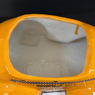 LOT 311: Ceramic Taxi Cookie Jar, Rose Garden Divided Serving Dish, Wooden Nut Bowl w/Nut Crackers & Anchor Hocking Pantry Jar