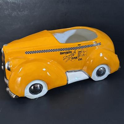 LOT 311: Ceramic Taxi Cookie Jar, Rose Garden Divided Serving Dish, Wooden Nut Bowl w/Nut Crackers & Anchor Hocking Pantry Jar