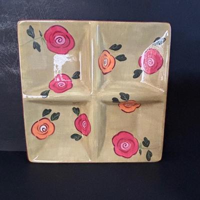 LOT 311: Ceramic Taxi Cookie Jar, Rose Garden Divided Serving Dish, Wooden Nut Bowl w/Nut Crackers & Anchor Hocking Pantry Jar