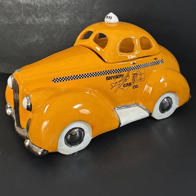 LOT 311: Ceramic Taxi Cookie Jar, Rose Garden Divided Serving Dish, Wooden Nut Bowl w/Nut Crackers & Anchor Hocking Pantry Jar