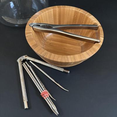 LOT 311: Ceramic Taxi Cookie Jar, Rose Garden Divided Serving Dish, Wooden Nut Bowl w/Nut Crackers & Anchor Hocking Pantry Jar