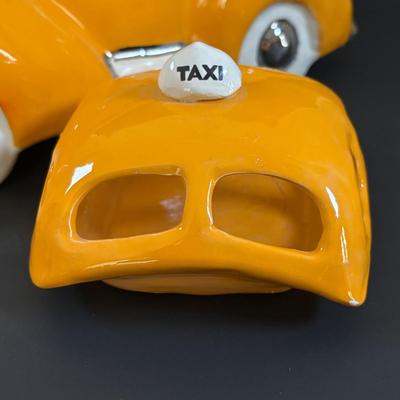 LOT 311: Ceramic Taxi Cookie Jar, Rose Garden Divided Serving Dish, Wooden Nut Bowl w/Nut Crackers & Anchor Hocking Pantry Jar