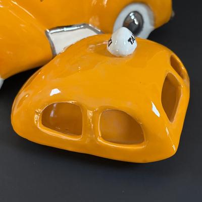 LOT 311: Ceramic Taxi Cookie Jar, Rose Garden Divided Serving Dish, Wooden Nut Bowl w/Nut Crackers & Anchor Hocking Pantry Jar