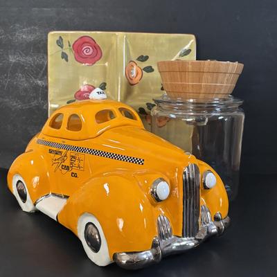 LOT 311: Ceramic Taxi Cookie Jar, Rose Garden Divided Serving Dish, Wooden Nut Bowl w/Nut Crackers & Anchor Hocking Pantry Jar