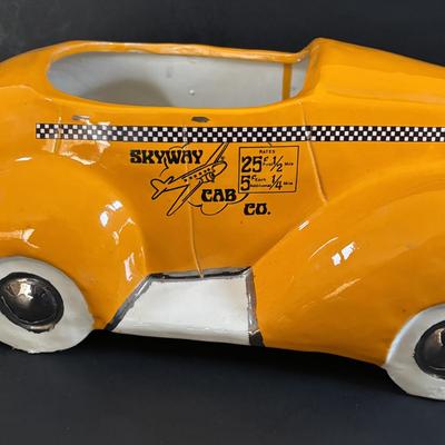 LOT 311: Ceramic Taxi Cookie Jar, Rose Garden Divided Serving Dish, Wooden Nut Bowl w/Nut Crackers & Anchor Hocking Pantry Jar