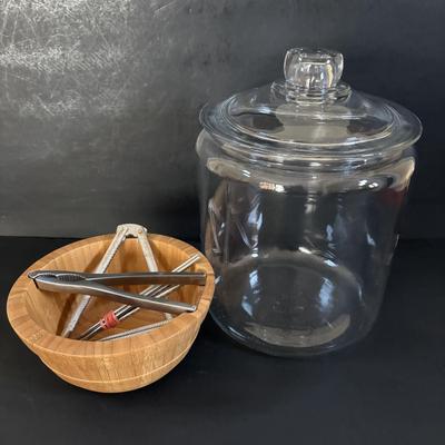 LOT 311: Ceramic Taxi Cookie Jar, Rose Garden Divided Serving Dish, Wooden Nut Bowl w/Nut Crackers & Anchor Hocking Pantry Jar