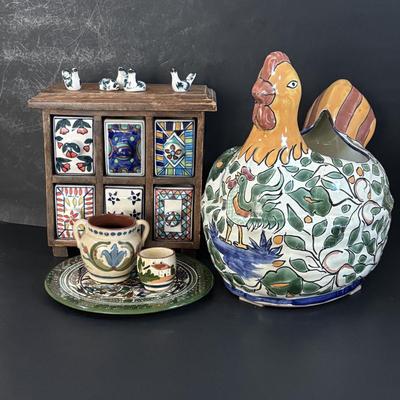 LOT 313: Wooden & Ceramic Apothecary/Spice Cabinet, Hecho En Mexico Pottery Hen Planter, Pottery, Devon Motto Ware Egg Cup & More
