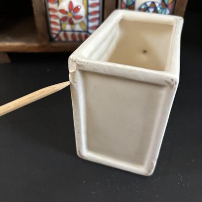 LOT 313: Wooden & Ceramic Apothecary/Spice Cabinet, Hecho En Mexico Pottery Hen Planter, Pottery, Devon Motto Ware Egg Cup & More