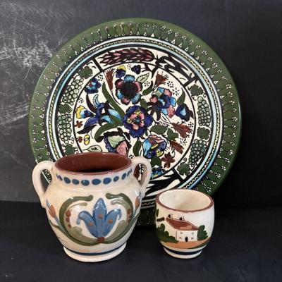 LOT 313: Wooden & Ceramic Apothecary/Spice Cabinet, Hecho En Mexico Pottery Hen Planter, Pottery, Devon Motto Ware Egg Cup & More