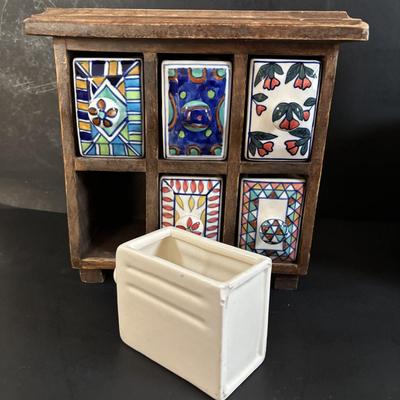 LOT 313: Wooden & Ceramic Apothecary/Spice Cabinet, Hecho En Mexico Pottery Hen Planter, Pottery, Devon Motto Ware Egg Cup & More