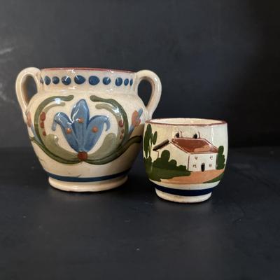 LOT 313: Wooden & Ceramic Apothecary/Spice Cabinet, Hecho En Mexico Pottery Hen Planter, Pottery, Devon Motto Ware Egg Cup & More