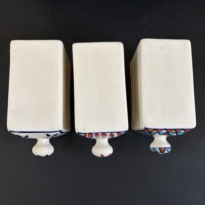 LOT 313: Wooden & Ceramic Apothecary/Spice Cabinet, Hecho En Mexico Pottery Hen Planter, Pottery, Devon Motto Ware Egg Cup & More