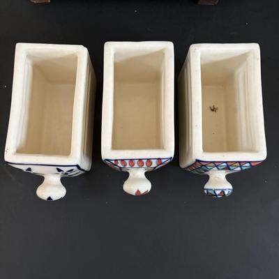 LOT 313: Wooden & Ceramic Apothecary/Spice Cabinet, Hecho En Mexico Pottery Hen Planter, Pottery, Devon Motto Ware Egg Cup & More