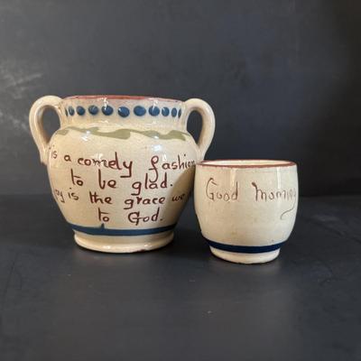 LOT 313: Wooden & Ceramic Apothecary/Spice Cabinet, Hecho En Mexico Pottery Hen Planter, Pottery, Devon Motto Ware Egg Cup & More