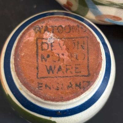 LOT 313: Wooden & Ceramic Apothecary/Spice Cabinet, Hecho En Mexico Pottery Hen Planter, Pottery, Devon Motto Ware Egg Cup & More