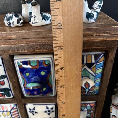 LOT 313: Wooden & Ceramic Apothecary/Spice Cabinet, Hecho En Mexico Pottery Hen Planter, Pottery, Devon Motto Ware Egg Cup & More