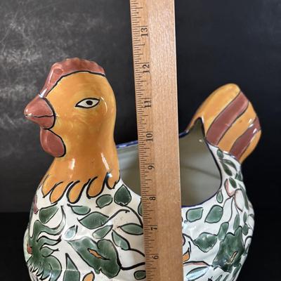 LOT 313: Wooden & Ceramic Apothecary/Spice Cabinet, Hecho En Mexico Pottery Hen Planter, Pottery, Devon Motto Ware Egg Cup & More